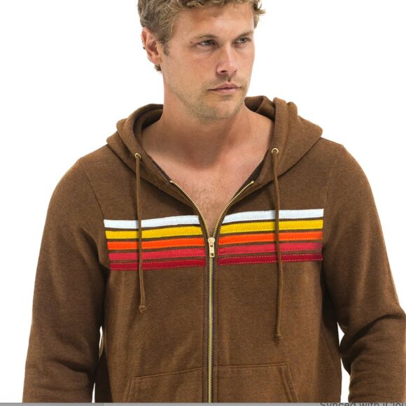 NEW AVIATOR NATION 5-STRIPE HOODIE - CHOCOLATE & RAINBOW WHITE - SIZE MEDIUM - Picture 1 of 5